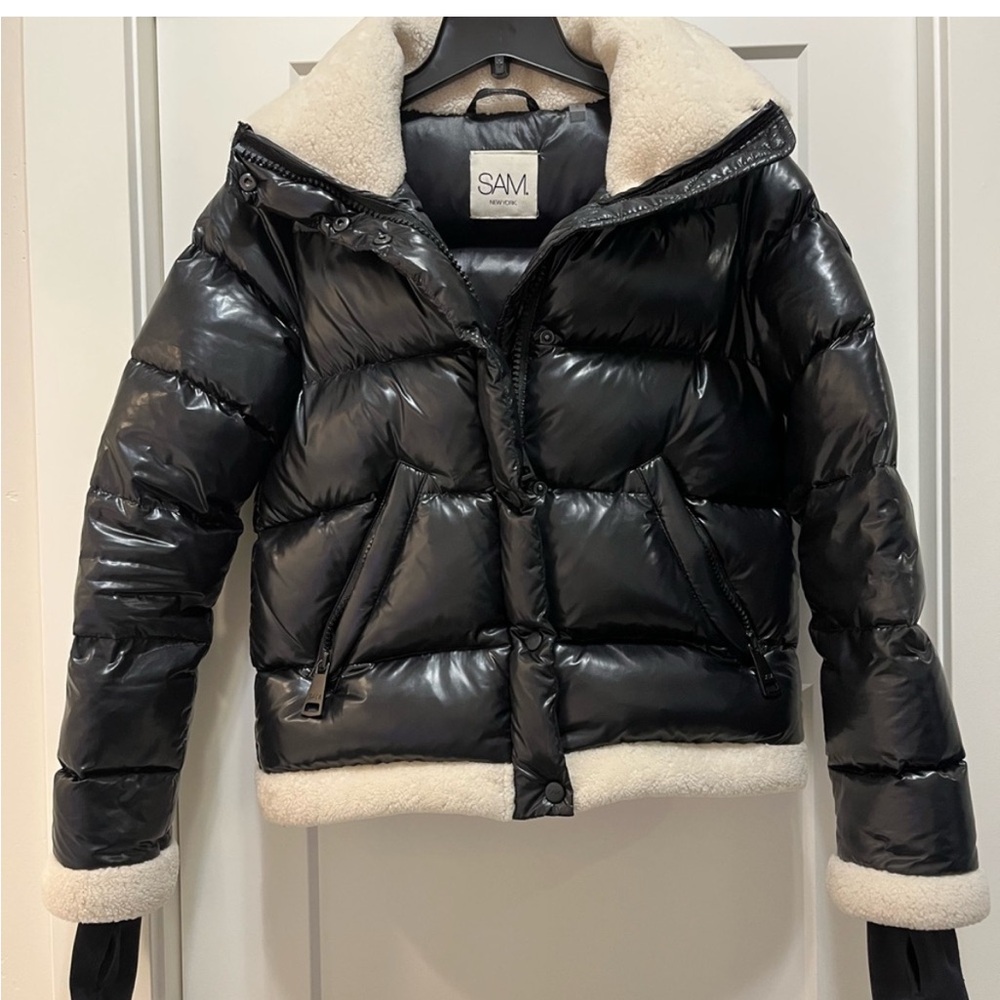 SAM. Black Puffer Genuine Shearling Jacket EUC